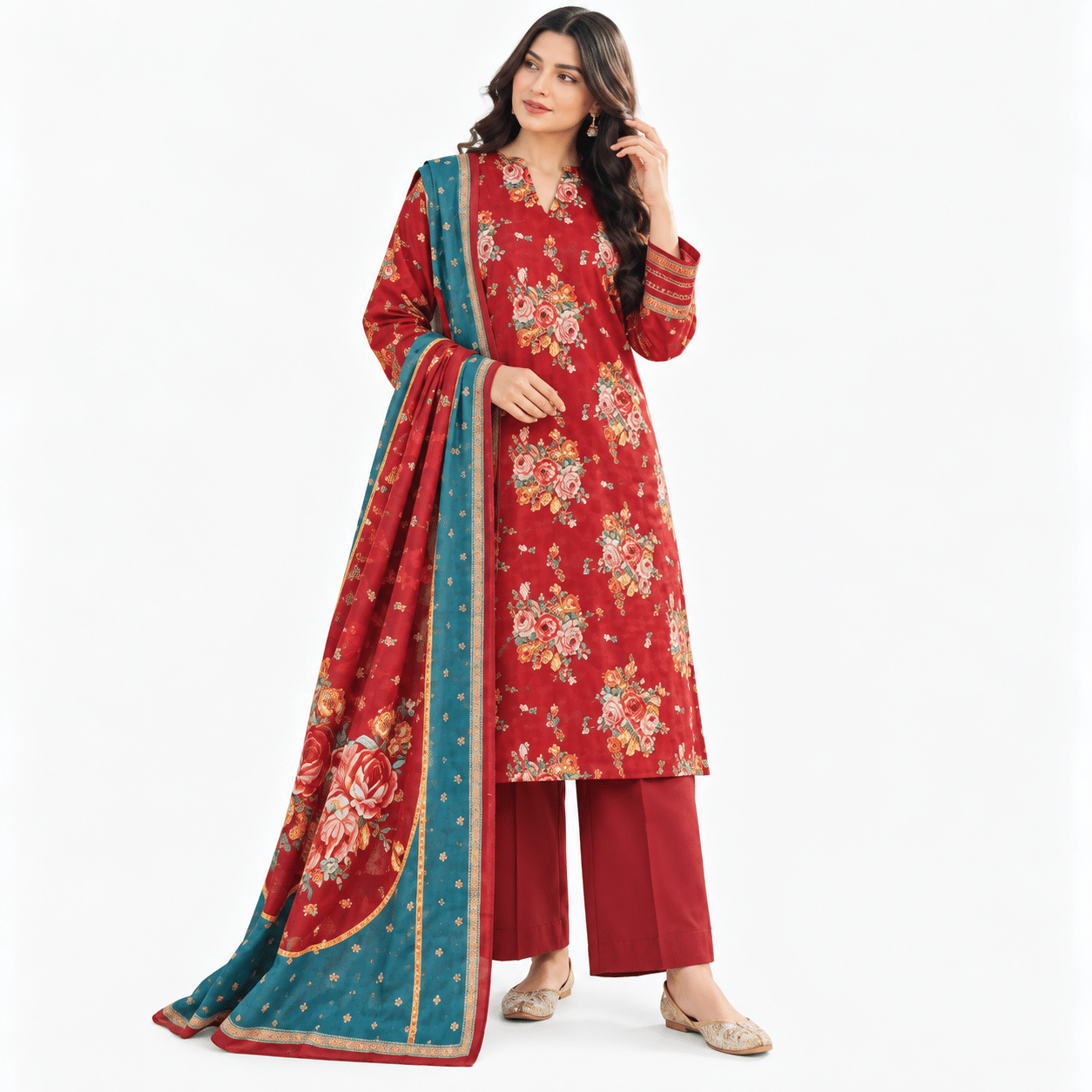 Elegant Red Floral Traditional Ensemble